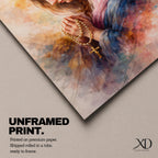 A watercolor style painting of the Virgin Mary wearing a pink hooded shawl, holding a rosary with a gold cross, her eyes closed in prayer, surrounded by soft, blended warm and cool colors creating a serene and contemplative atmosphere.
