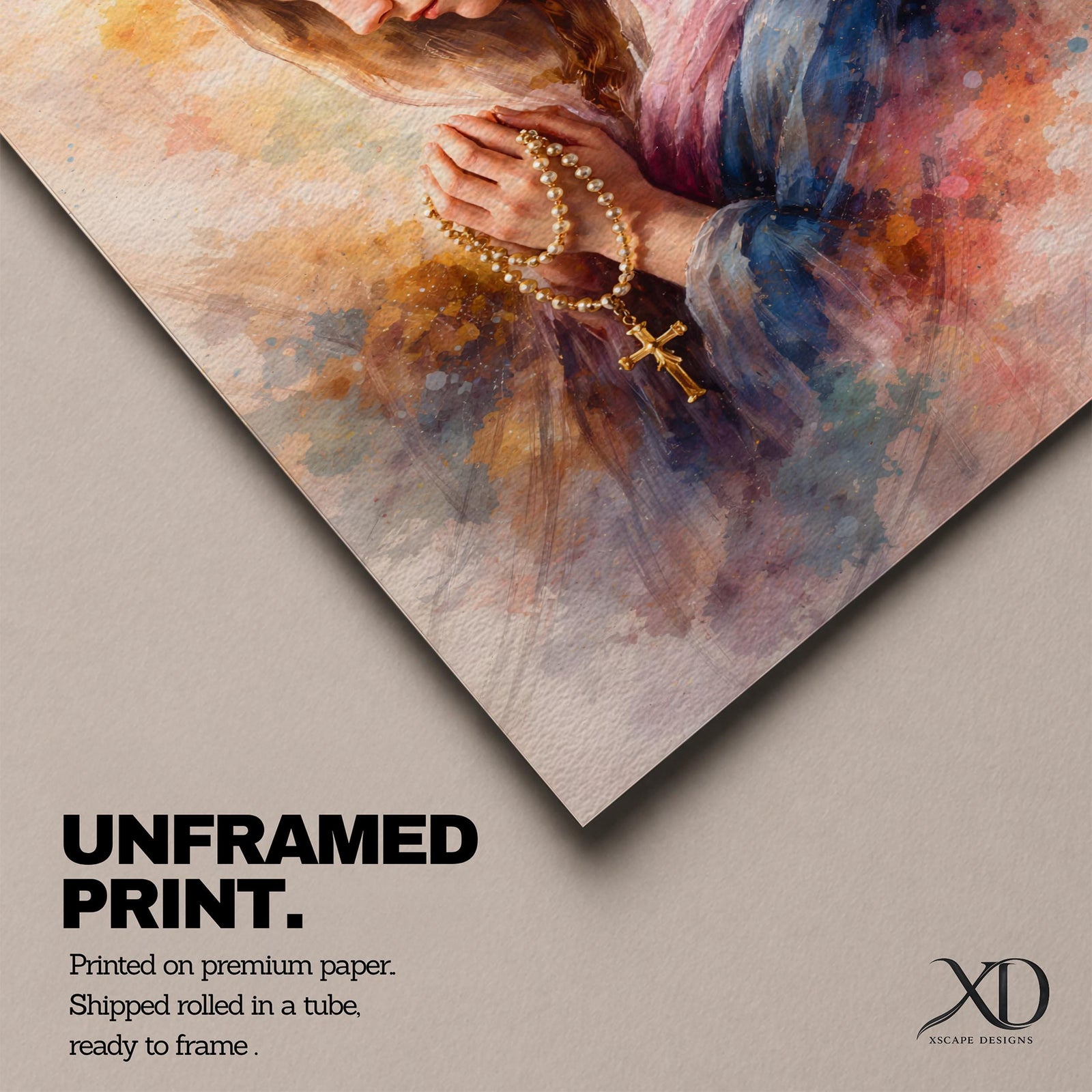 A watercolor style painting of the Virgin Mary wearing a pink hooded shawl, holding a rosary with a gold cross, her eyes closed in prayer, surrounded by soft, blended warm and cool colors creating a serene and contemplative atmosphere.