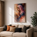 A watercolor style painting of the Virgin Mary wearing a pink hooded shawl, holding a rosary with a gold cross, her eyes closed in prayer, surrounded by soft, blended warm and cool colors creating a serene and contemplative atmosphere.