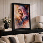 A watercolor style painting of the Virgin Mary wearing a pink hooded shawl, holding a rosary with a gold cross, her eyes closed in prayer, surrounded by soft, blended warm and cool colors creating a serene and contemplative atmosphere.