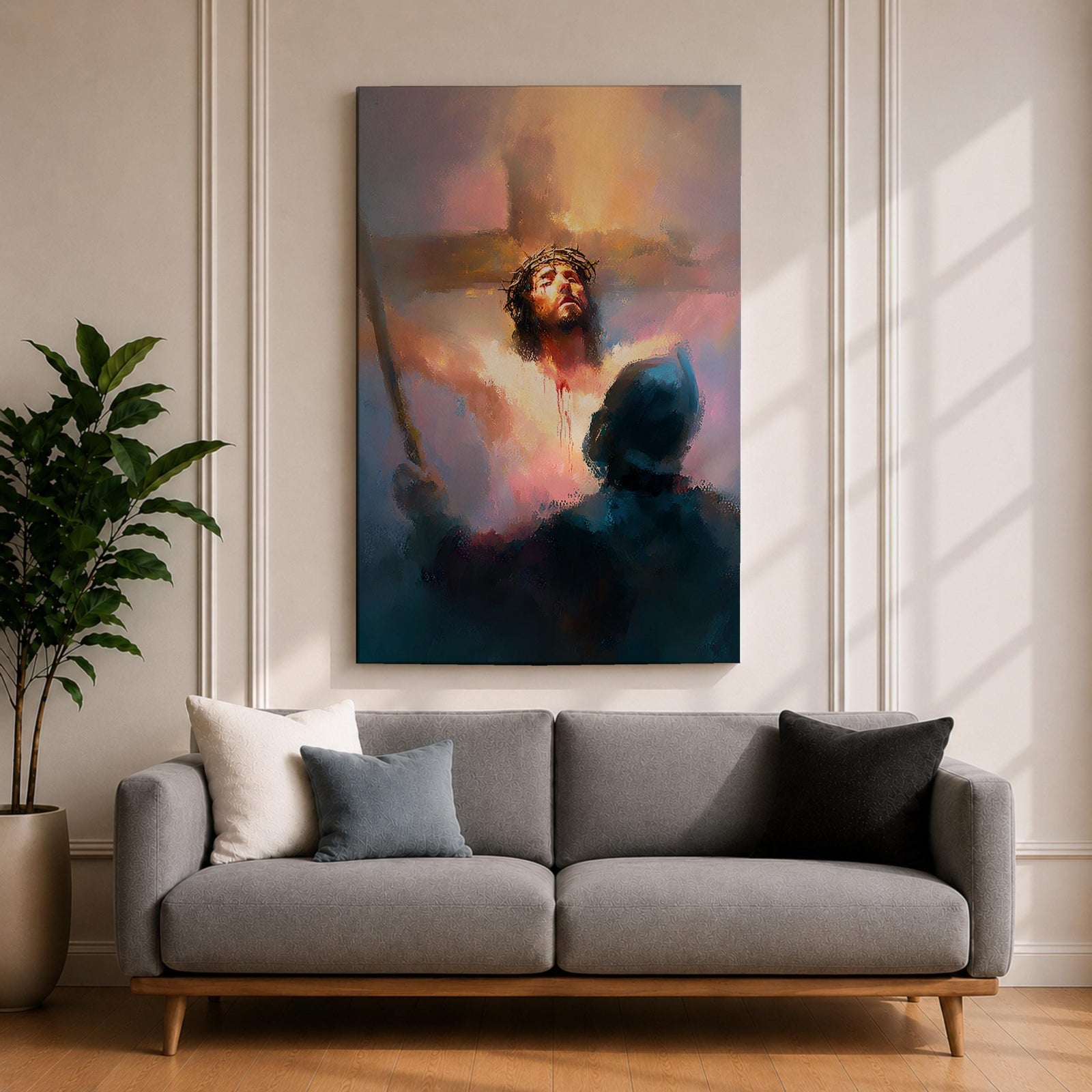 A digital painting depicting Jesus Christ on the cross wearing a crown of thorns, blood visible on his chest and face, with a glowing light background and a shadowy figure in the foreground, rendered in a painterly style with soft blending and dramatic lighting.
