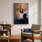 A digital painting depicting Jesus Christ on the cross wearing a crown of thorns, blood visible on his chest and face, with a glowing light background and a shadowy figure in the foreground, rendered in a painterly style with soft blending and dramatic lighting.