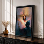 A digital painting depicting Jesus Christ on the cross wearing a crown of thorns, blood visible on his chest and face, with a glowing light background and a shadowy figure in the foreground, rendered in a painterly style with soft blending and dramatic lighting.
