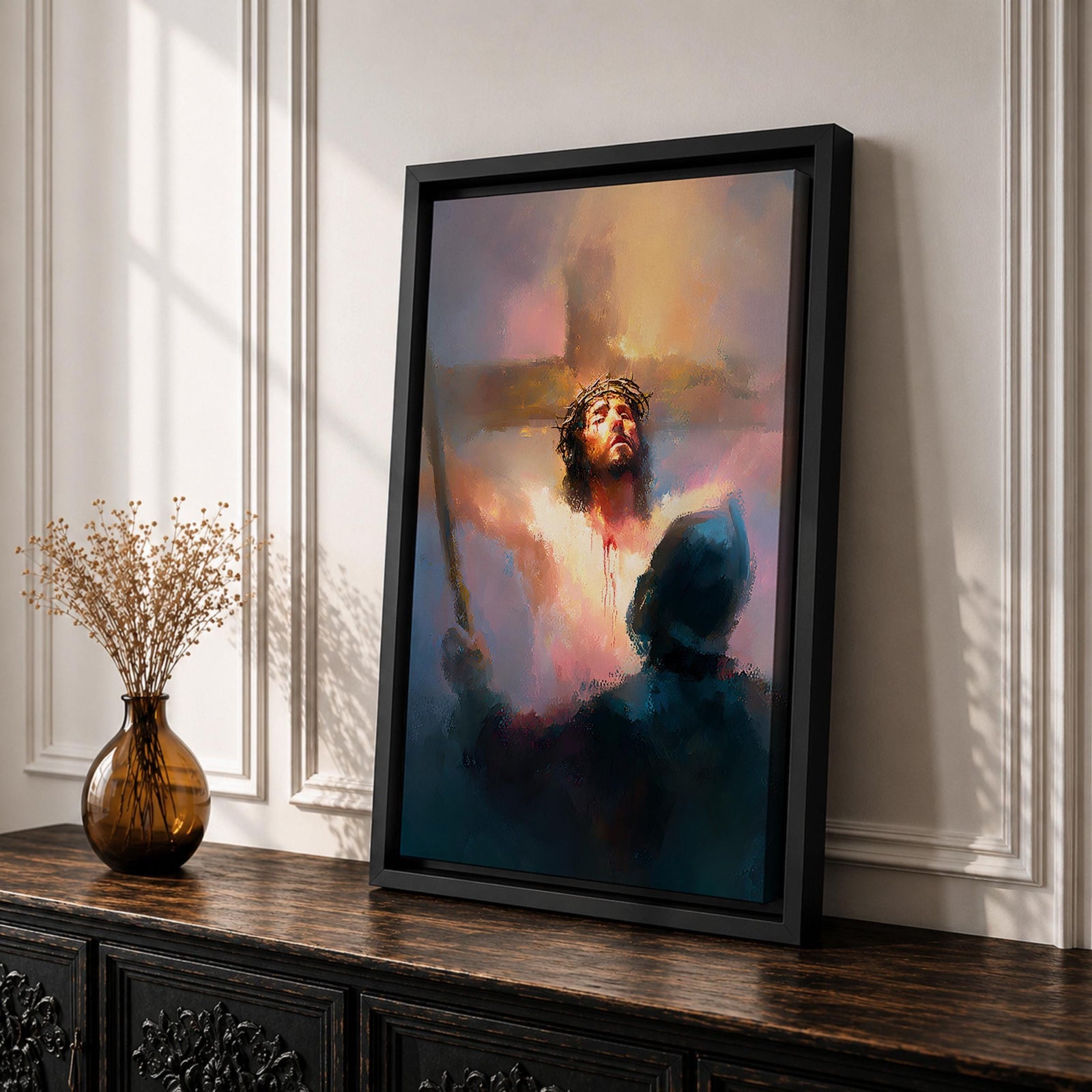 A digital painting depicting Jesus Christ on the cross wearing a crown of thorns, blood visible on his chest and face, with a glowing light background and a shadowy figure in the foreground, rendered in a painterly style with soft blending and dramatic lighting.