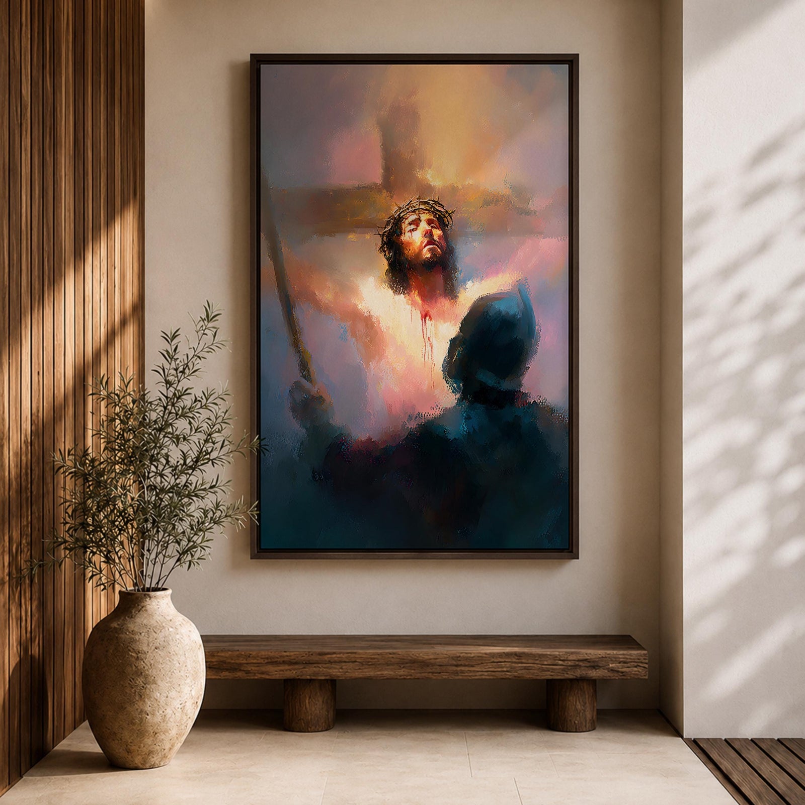 A digital painting depicting Jesus Christ on the cross wearing a crown of thorns, blood visible on his chest and face, with a glowing light background and a shadowy figure in the foreground, rendered in a painterly style with soft blending and dramatic lighting.