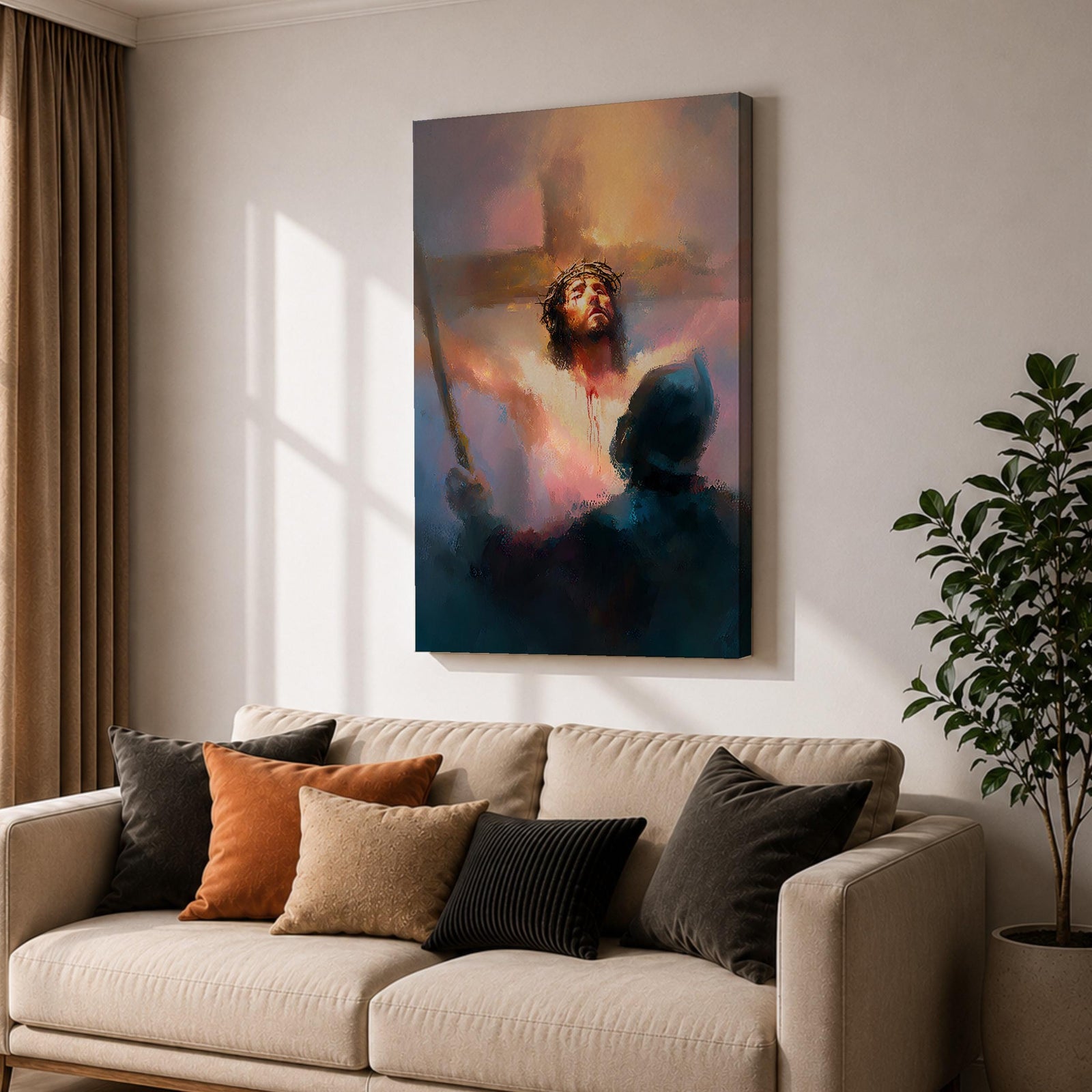 A digital painting depicting Jesus Christ on the cross wearing a crown of thorns, blood visible on his chest and face, with a glowing light background and a shadowy figure in the foreground, rendered in a painterly style with soft blending and dramatic lighting.