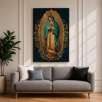 A detailed framed canvas artwork depicting Our Lady of Guadalupe standing with hands clasped in prayer, surrounded by a radiant golden aura and floral motifs, rendered in a traditional style emphasizing intricate patterns and symbolic elements.