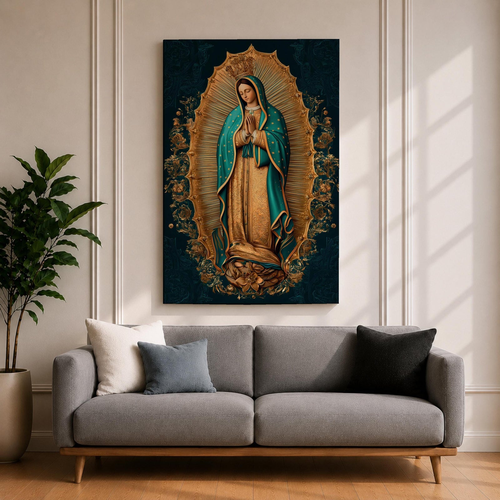 A detailed framed canvas artwork depicting Our Lady of Guadalupe standing with hands clasped in prayer, surrounded by a radiant golden aura and floral motifs, rendered in a traditional style emphasizing intricate patterns and symbolic elements.