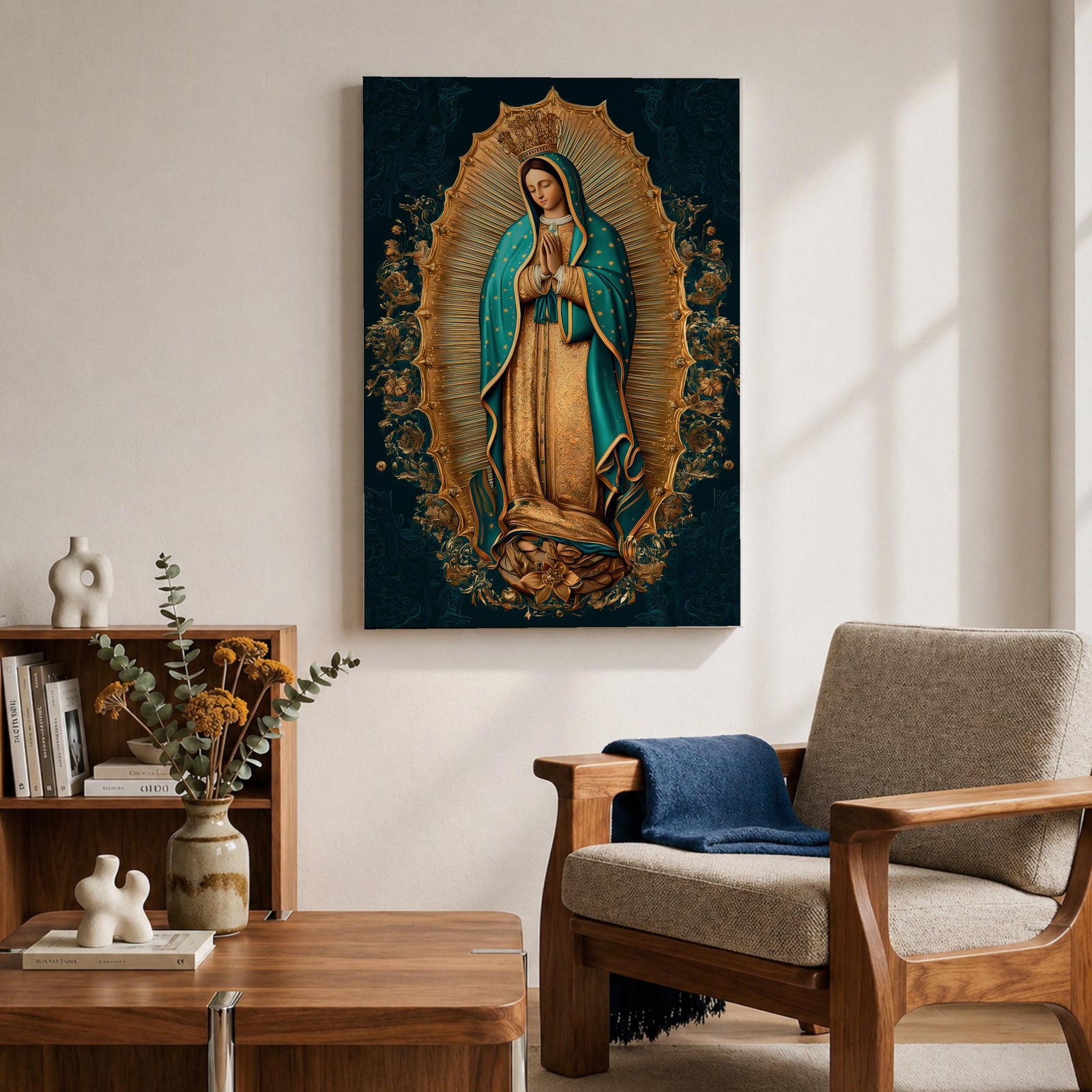 A detailed framed canvas artwork depicting Our Lady of Guadalupe standing with hands clasped in prayer, surrounded by a radiant golden aura and floral motifs, rendered in a traditional style emphasizing intricate patterns and symbolic elements.