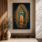 A detailed framed canvas artwork depicting Our Lady of Guadalupe standing with hands clasped in prayer, surrounded by a radiant golden aura and floral motifs, rendered in a traditional style emphasizing intricate patterns and symbolic elements.