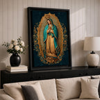 A detailed framed canvas artwork depicting Our Lady of Guadalupe standing with hands clasped in prayer, surrounded by a radiant golden aura and floral motifs, rendered in a traditional style emphasizing intricate patterns and symbolic elements.