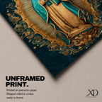 A detailed framed canvas artwork depicting Our Lady of Guadalupe standing with hands clasped in prayer, surrounded by a radiant golden aura and floral motifs, rendered in a traditional style emphasizing intricate patterns and symbolic elements.