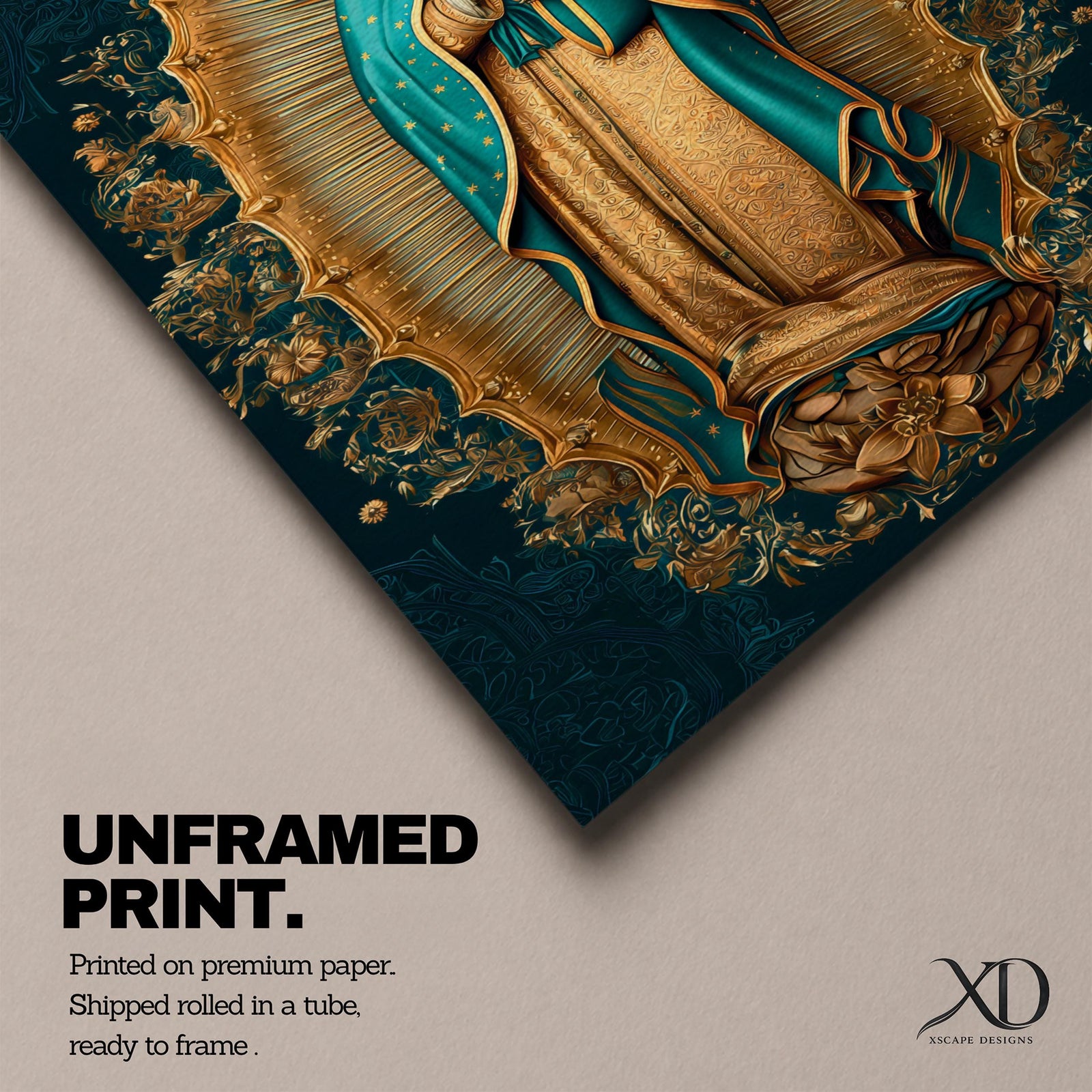 A detailed framed canvas artwork depicting Our Lady of Guadalupe standing with hands clasped in prayer, surrounded by a radiant golden aura and floral motifs, rendered in a traditional style emphasizing intricate patterns and symbolic elements.