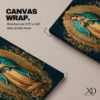 A detailed framed canvas artwork depicting Our Lady of Guadalupe standing with hands clasped in prayer, surrounded by a radiant golden aura and floral motifs, rendered in a traditional style emphasizing intricate patterns and symbolic elements.