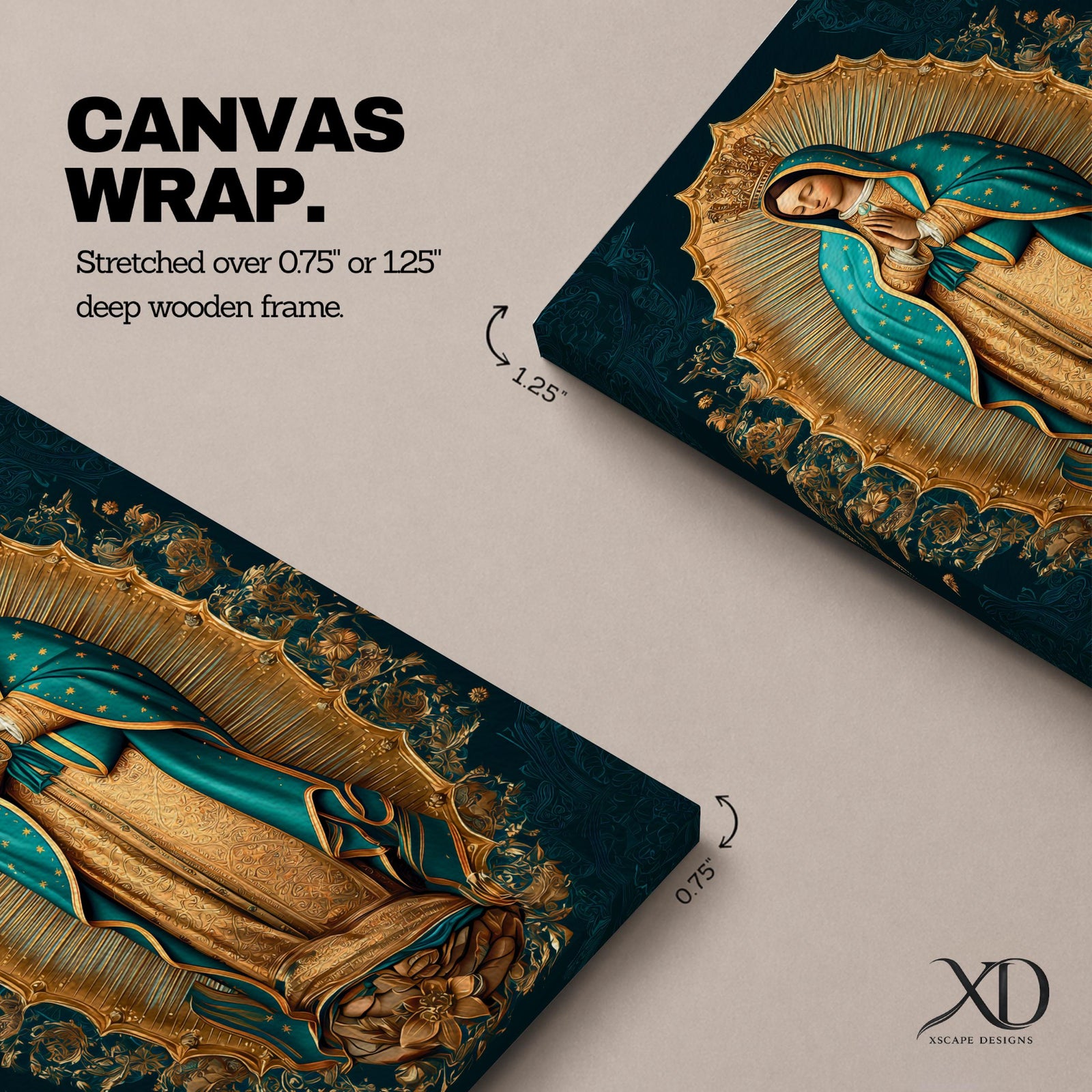 A detailed framed canvas artwork depicting Our Lady of Guadalupe standing with hands clasped in prayer, surrounded by a radiant golden aura and floral motifs, rendered in a traditional style emphasizing intricate patterns and symbolic elements.