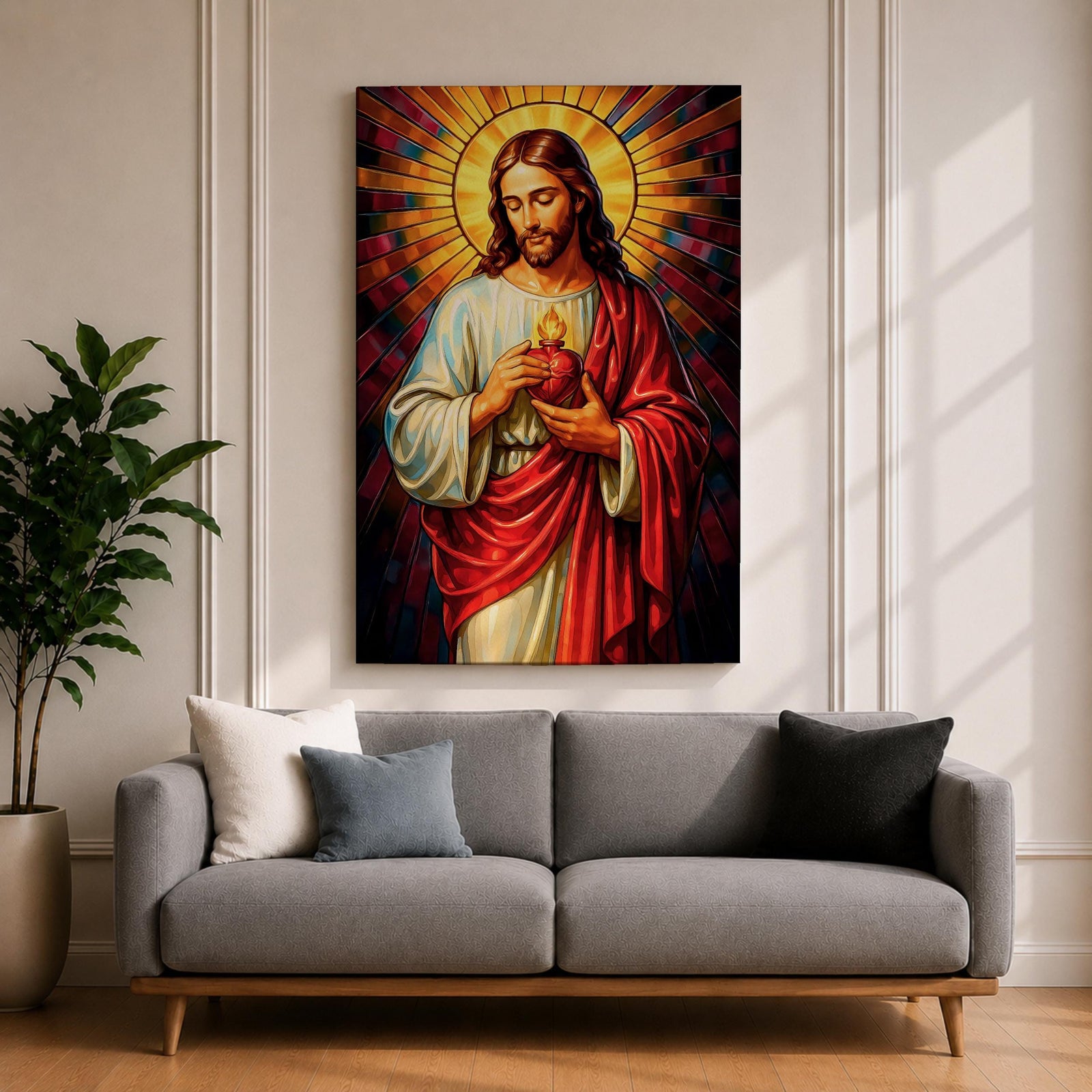 A vibrant stained glass style depiction of the Sacred Heart of Jesus featuring Jesus with long hair and beard, holding a flaming heart at his chest, surrounded by radiant colored rays in a mosaic-like pattern, rendered in rich, luminous colors with detailed folds in his robe.