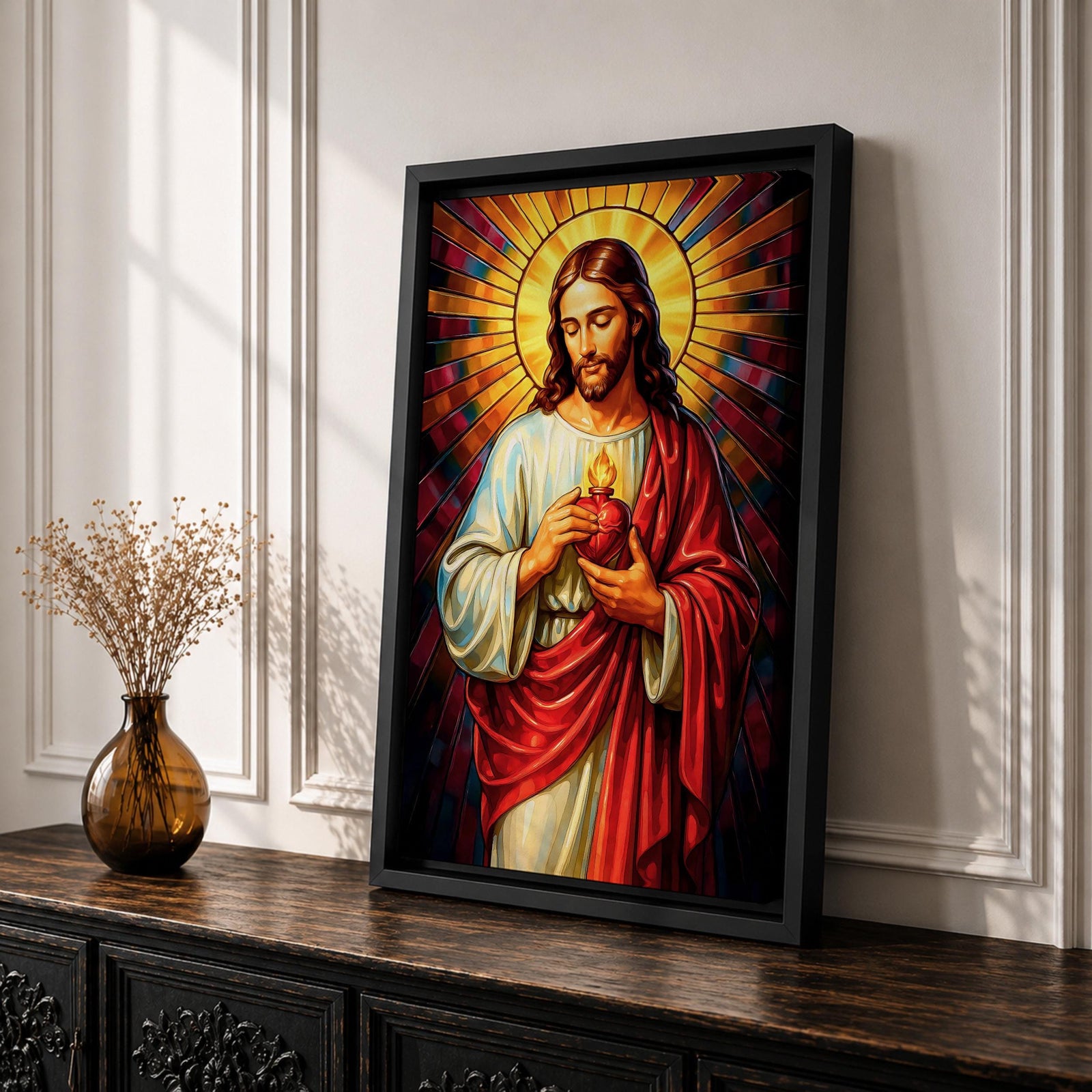 A vibrant stained glass style depiction of the Sacred Heart of Jesus featuring Jesus with long hair and beard, holding a flaming heart at his chest, surrounded by radiant colored rays in a mosaic-like pattern, rendered in rich, luminous colors with detailed folds in his robe.