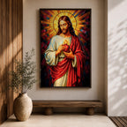 A vibrant stained glass style depiction of the Sacred Heart of Jesus featuring Jesus with long hair and beard, holding a flaming heart at his chest, surrounded by radiant colored rays in a mosaic-like pattern, rendered in rich, luminous colors with detailed folds in his robe.