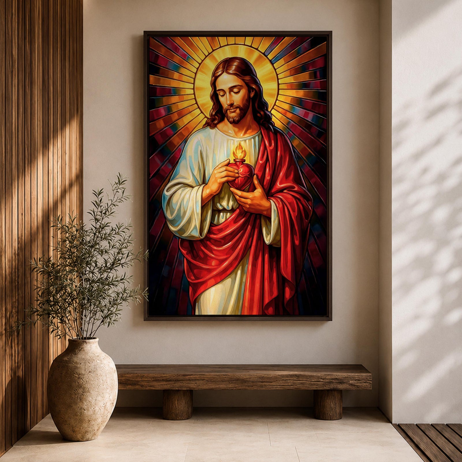 A vibrant stained glass style depiction of the Sacred Heart of Jesus featuring Jesus with long hair and beard, holding a flaming heart at his chest, surrounded by radiant colored rays in a mosaic-like pattern, rendered in rich, luminous colors with detailed folds in his robe.
