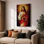 A vibrant stained glass style depiction of the Sacred Heart of Jesus featuring Jesus with long hair and beard, holding a flaming heart at his chest, surrounded by radiant colored rays in a mosaic-like pattern, rendered in rich, luminous colors with detailed folds in his robe.