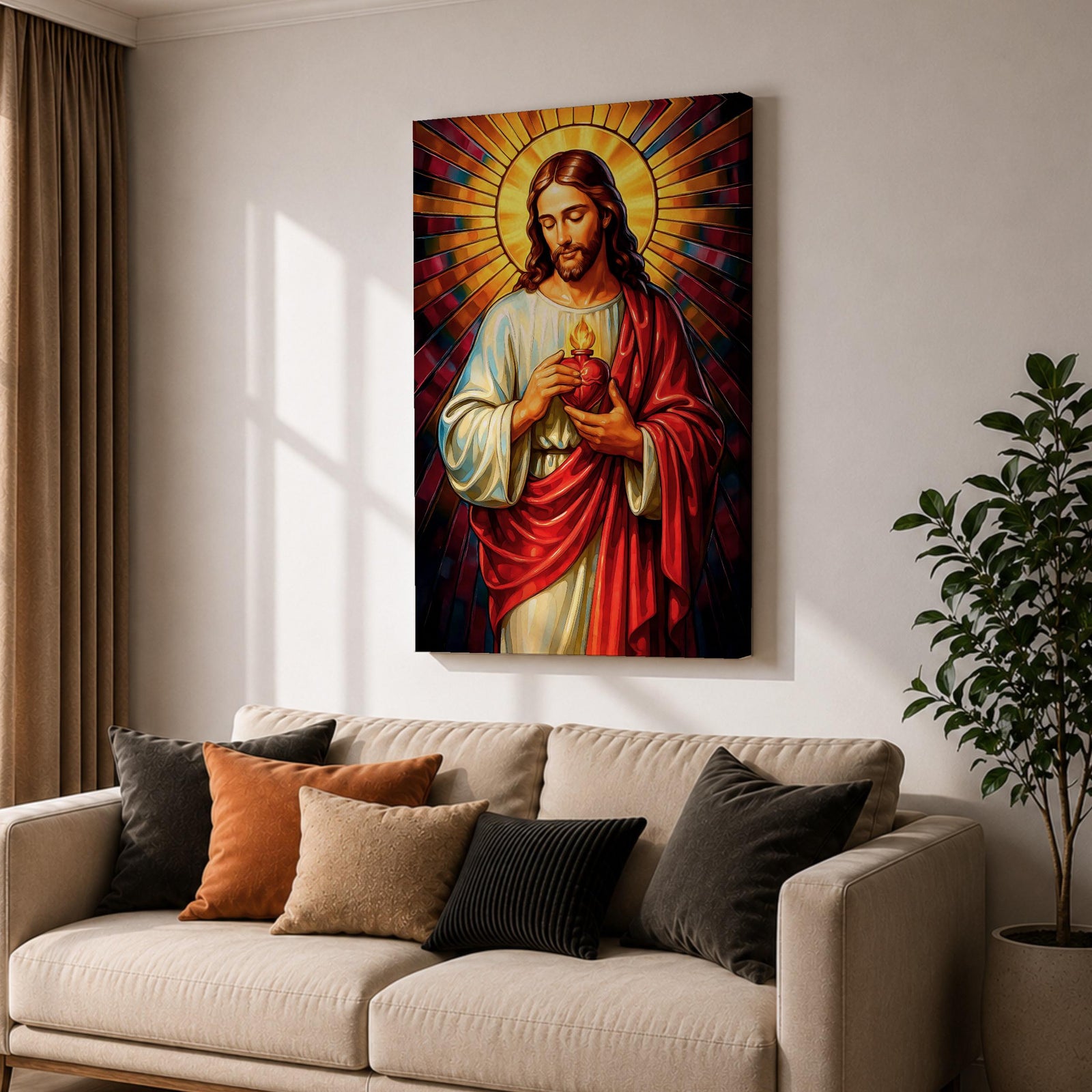 A vibrant stained glass style depiction of the Sacred Heart of Jesus featuring Jesus with long hair and beard, holding a flaming heart at his chest, surrounded by radiant colored rays in a mosaic-like pattern, rendered in rich, luminous colors with detailed folds in his robe.