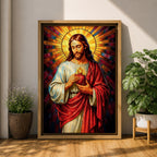 A vibrant stained glass style depiction of the Sacred Heart of Jesus featuring Jesus with long hair and beard, holding a flaming heart at his chest, surrounded by radiant colored rays in a mosaic-like pattern, rendered in rich, luminous colors with detailed folds in his robe.