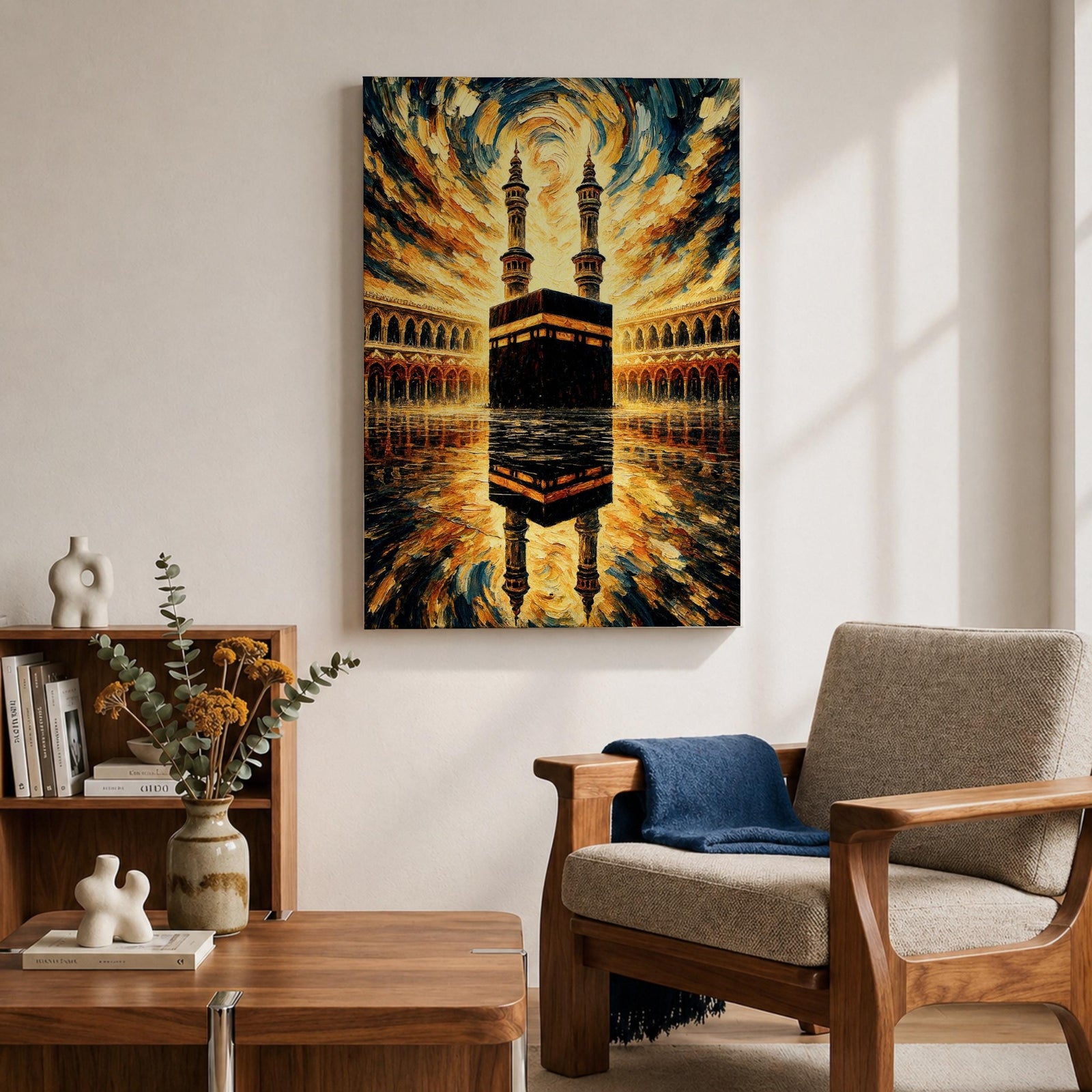 Textured painting of the Kaaba at Masjid al-Haram in Mecca beneath a dramatic swirling sky of gold, blue, and amber brushstrokes, with the sacred Kaaba reflected on the polished marble courtyard and two tall minarets rising behind the holy mosque.