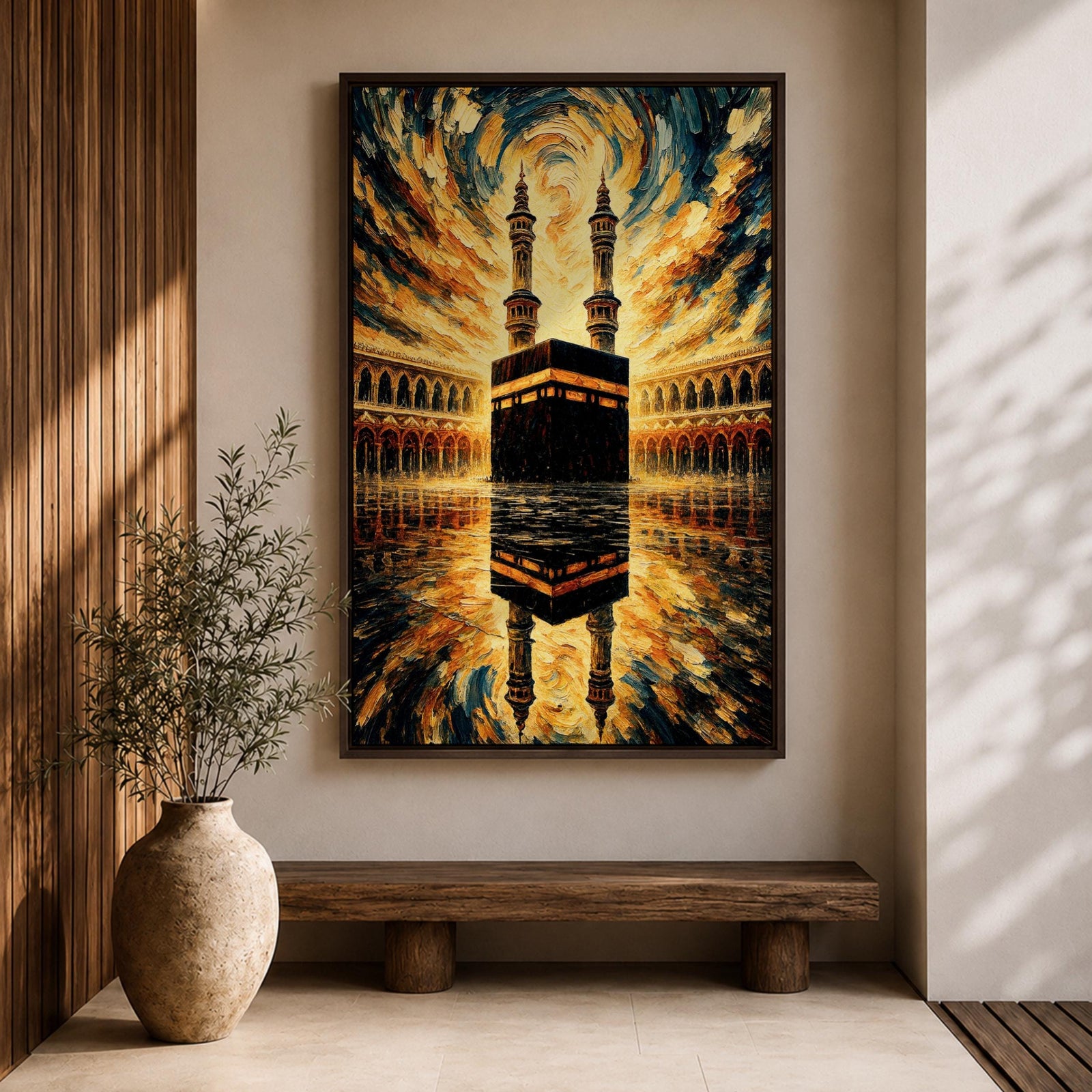 Textured painting of the Kaaba at Masjid al-Haram in Mecca beneath a dramatic swirling sky of gold, blue, and amber brushstrokes, with the sacred Kaaba reflected on the polished marble courtyard and two tall minarets rising behind the holy mosque.