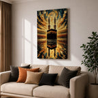 Textured painting of the Kaaba at Masjid al-Haram in Mecca beneath a dramatic swirling sky of gold, blue, and amber brushstrokes, with the sacred Kaaba reflected on the polished marble courtyard and two tall minarets rising behind the holy mosque.