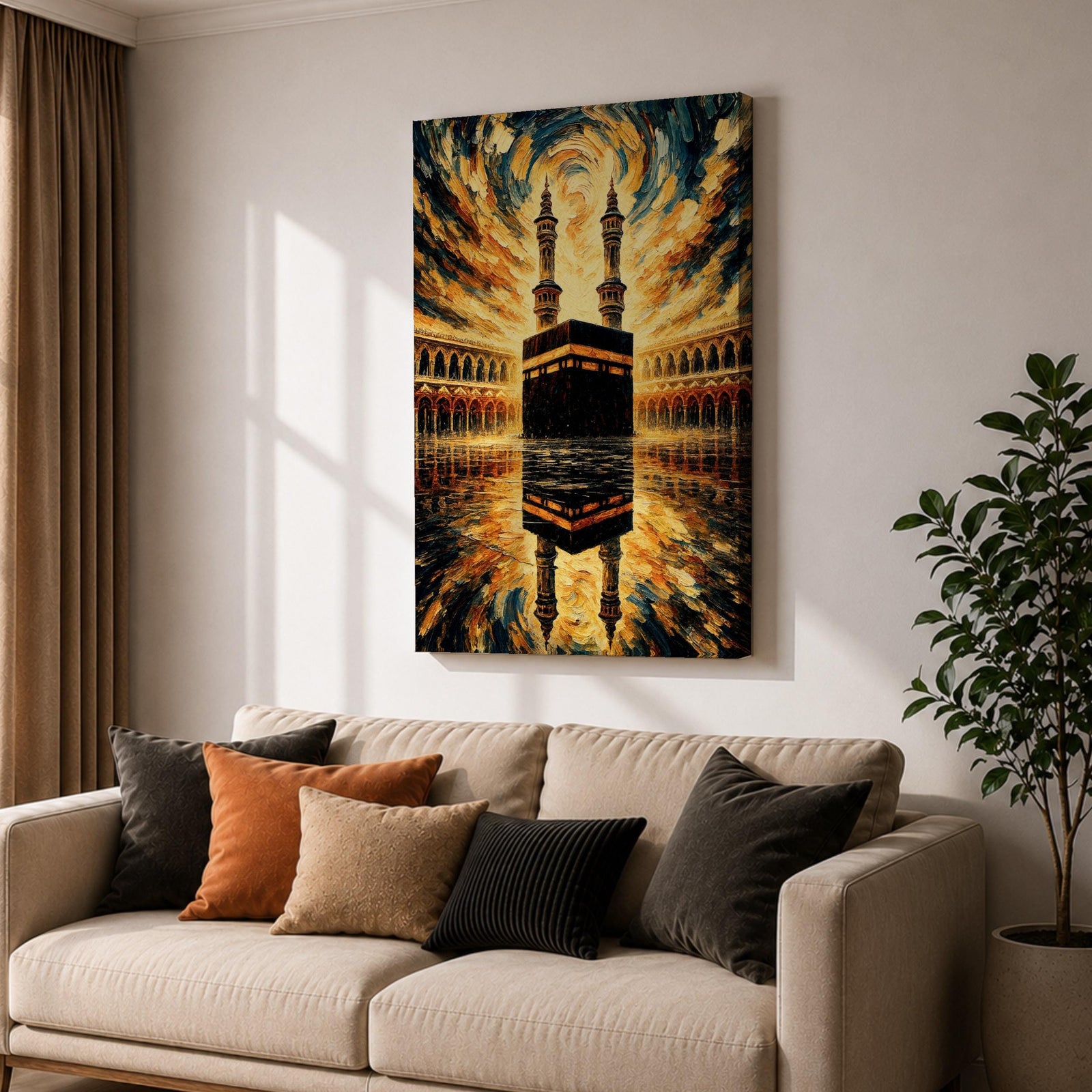 Textured painting of the Kaaba at Masjid al-Haram in Mecca beneath a dramatic swirling sky of gold, blue, and amber brushstrokes, with the sacred Kaaba reflected on the polished marble courtyard and two tall minarets rising behind the holy mosque.