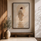 A framed canvas artwork depicting Jesus walking on water, showing him in a flowing robe with rippling water beneath and a glowing halo behind his head. The style is realistic with textured brush strokes emphasizing the water’s movement and the figure’s serene posture.