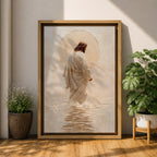 A framed canvas artwork depicting Jesus walking on water, showing him in a flowing robe with rippling water beneath and a glowing halo behind his head. The style is realistic with textured brush strokes emphasizing the water’s movement and the figure’s serene posture.