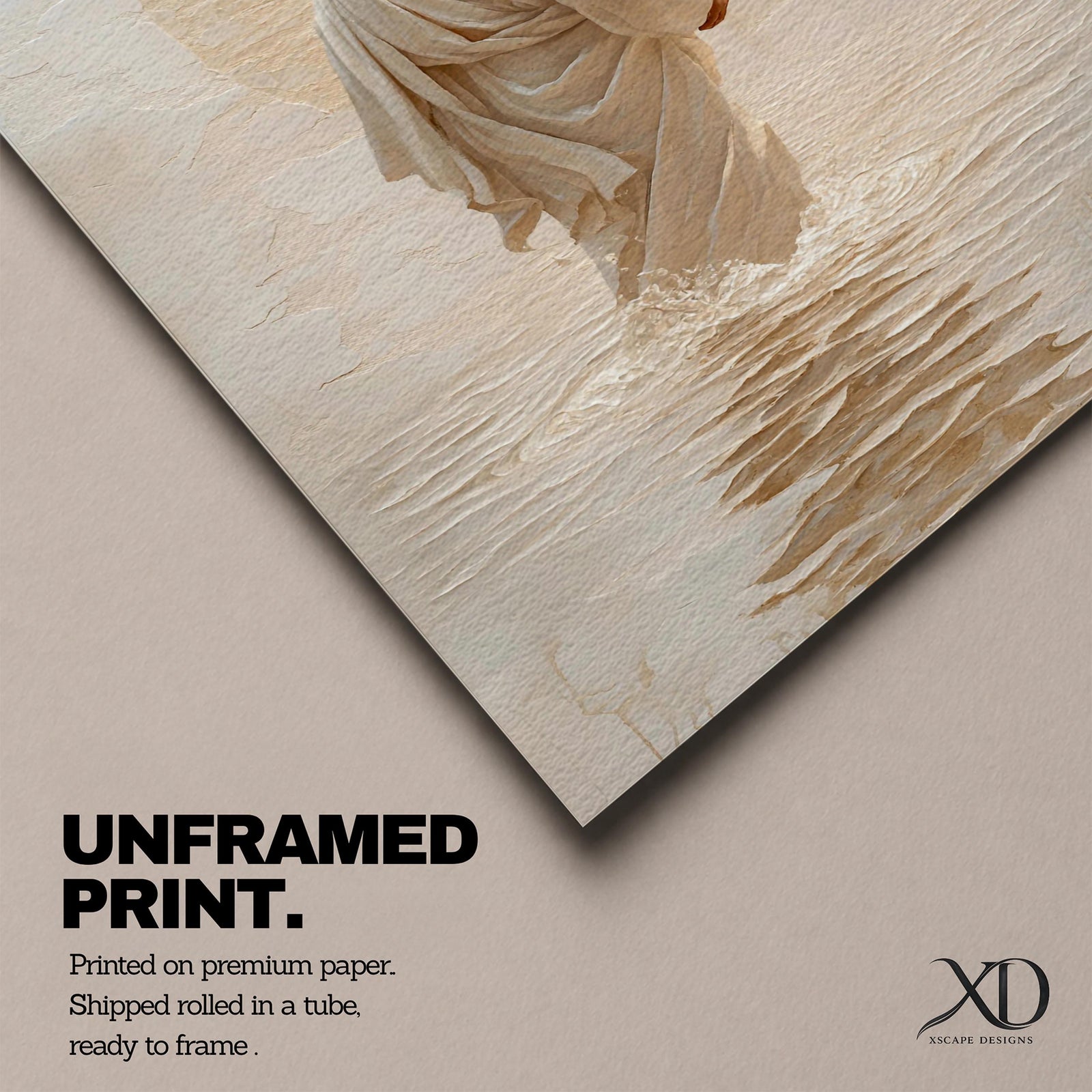 A framed canvas artwork depicting Jesus walking on water, showing him in a flowing robe with rippling water beneath and a glowing halo behind his head. The style is realistic with textured brush strokes emphasizing the water’s movement and the figure’s serene posture.
