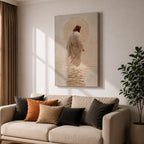 A framed canvas artwork depicting Jesus walking on water, showing him in a flowing robe with rippling water beneath and a glowing halo behind his head. The style is realistic with textured brush strokes emphasizing the water’s movement and the figure’s serene posture.