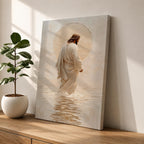 A framed canvas artwork depicting Jesus walking on water, showing him in a flowing robe with rippling water beneath and a glowing halo behind his head. The style is realistic with textured brush strokes emphasizing the water’s movement and the figure’s serene posture.