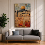 Textured painting of the Dome of the Rock with its golden dome rising above the historic stone walls of Jerusalem’s Old City, featuring layered brushstrokes and weathered textures that highlight the iconic Islamic shrine near the Al-Aqsa complex.
