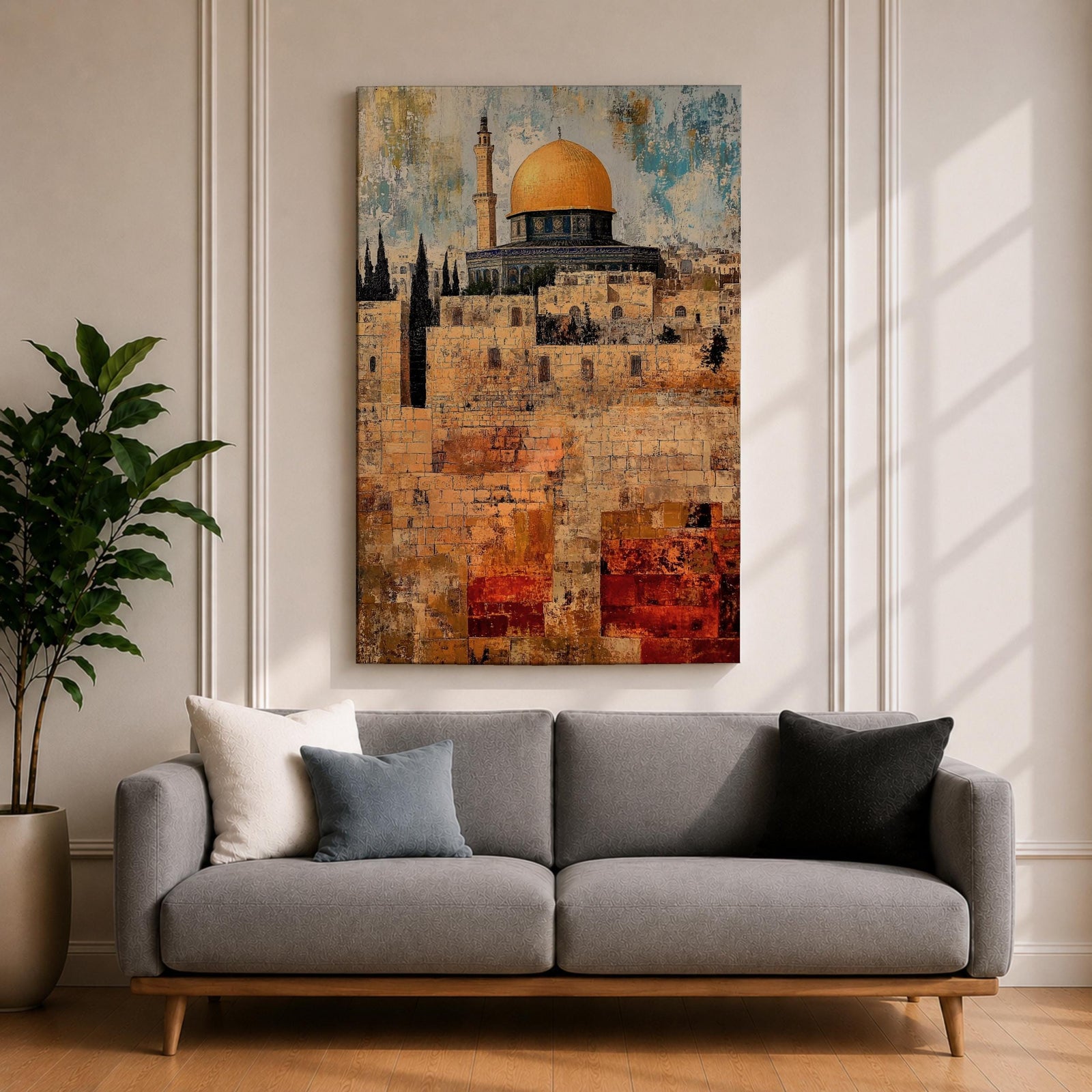 Textured painting of the Dome of the Rock with its golden dome rising above the historic stone walls of Jerusalem’s Old City, featuring layered brushstrokes and weathered textures that highlight the iconic Islamic shrine near the Al-Aqsa complex.
