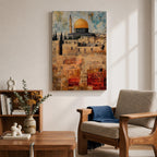 Textured painting of the Dome of the Rock with its golden dome rising above the historic stone walls of Jerusalem’s Old City, featuring layered brushstrokes and weathered textures that highlight the iconic Islamic shrine near the Al-Aqsa complex.