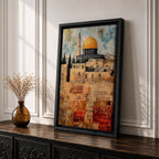 Textured painting of the Dome of the Rock with its golden dome rising above the historic stone walls of Jerusalem’s Old City, featuring layered brushstrokes and weathered textures that highlight the iconic Islamic shrine near the Al-Aqsa complex.