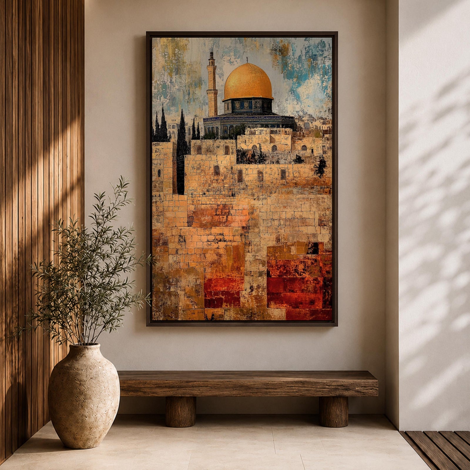 Textured painting of the Dome of the Rock with its golden dome rising above the historic stone walls of Jerusalem’s Old City, featuring layered brushstrokes and weathered textures that highlight the iconic Islamic shrine near the Al-Aqsa complex.