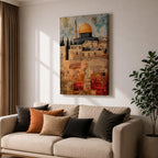 Textured painting of the Dome of the Rock with its golden dome rising above the historic stone walls of Jerusalem’s Old City, featuring layered brushstrokes and weathered textures that highlight the iconic Islamic shrine near the Al-Aqsa complex.