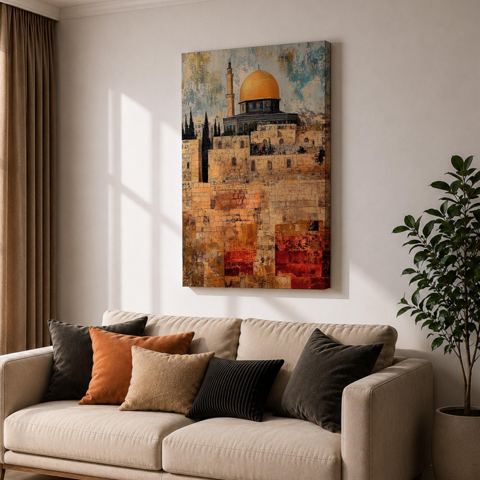 Textured painting of the Dome of the Rock with its golden dome rising above the historic stone walls of Jerusalem’s Old City, featuring layered brushstrokes and weathered textures that highlight the iconic Islamic shrine near the Al-Aqsa complex.