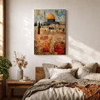 Textured painting of the Dome of the Rock with its golden dome rising above the historic stone walls of Jerusalem’s Old City, featuring layered brushstrokes and weathered textures that highlight the iconic Islamic shrine near the Al-Aqsa complex.