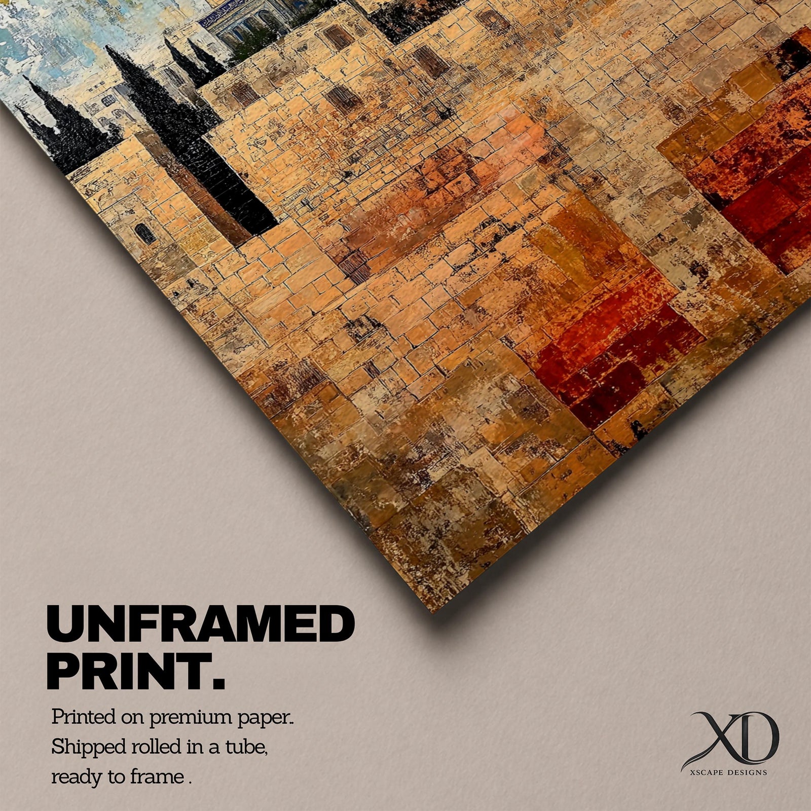 Textured painting of the Dome of the Rock with its golden dome rising above the historic stone walls of Jerusalem’s Old City, featuring layered brushstrokes and weathered textures that highlight the iconic Islamic shrine near the Al-Aqsa complex.