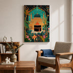 Colorful illustration of the Kaaba at Masjid al-Haram framed by a lush floral arch with palm trees, tropical plants, and vibrant flowers surrounding a decorative mosque courtyard beneath a turquoise sky.