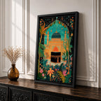 Colorful illustration of the Kaaba at Masjid al-Haram framed by a lush floral arch with palm trees, tropical plants, and vibrant flowers surrounding a decorative mosque courtyard beneath a turquoise sky.
