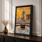 Artwork of the Kaaba in Masjid Al Haram surrounded by thousands of Hajj pilgrims performing tawaf, with tall mosque minarets and the Abraj Al Bait clock tower rising over the Mecca skyline, painted in warm golden tones with expressive modern brush textures capturing the spiritual energy of the sacred pilgrimage.