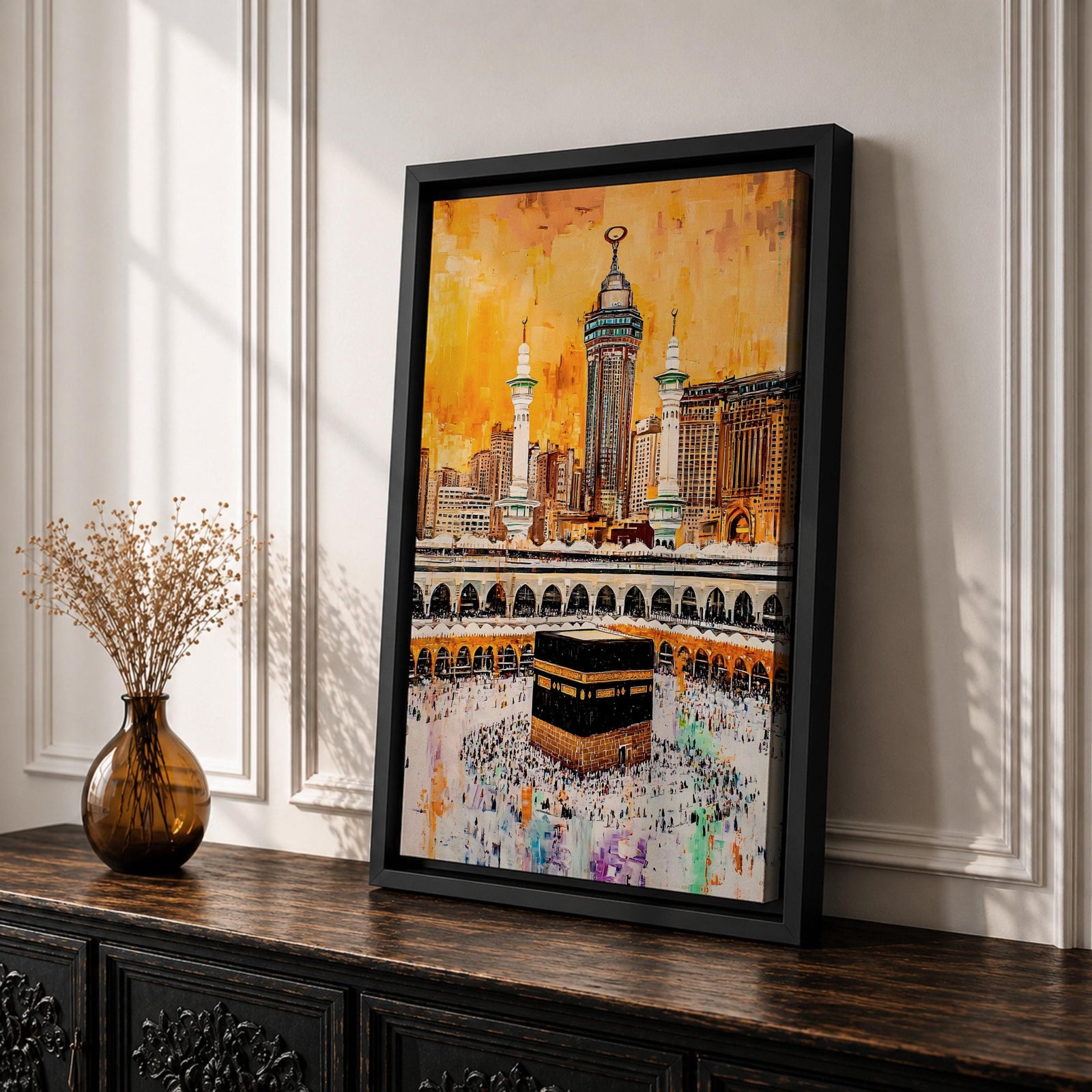 Artwork of the Kaaba in Masjid Al Haram surrounded by thousands of Hajj pilgrims performing tawaf, with tall mosque minarets and the Abraj Al Bait clock tower rising over the Mecca skyline, painted in warm golden tones with expressive modern brush textures capturing the spiritual energy of the sacred pilgrimage.