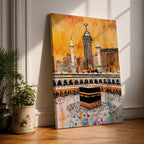 Artwork of the Kaaba in Masjid Al Haram surrounded by thousands of Hajj pilgrims performing tawaf, with tall mosque minarets and the Abraj Al Bait clock tower rising over the Mecca skyline, painted in warm golden tones with expressive modern brush textures capturing the spiritual energy of the sacred pilgrimage.