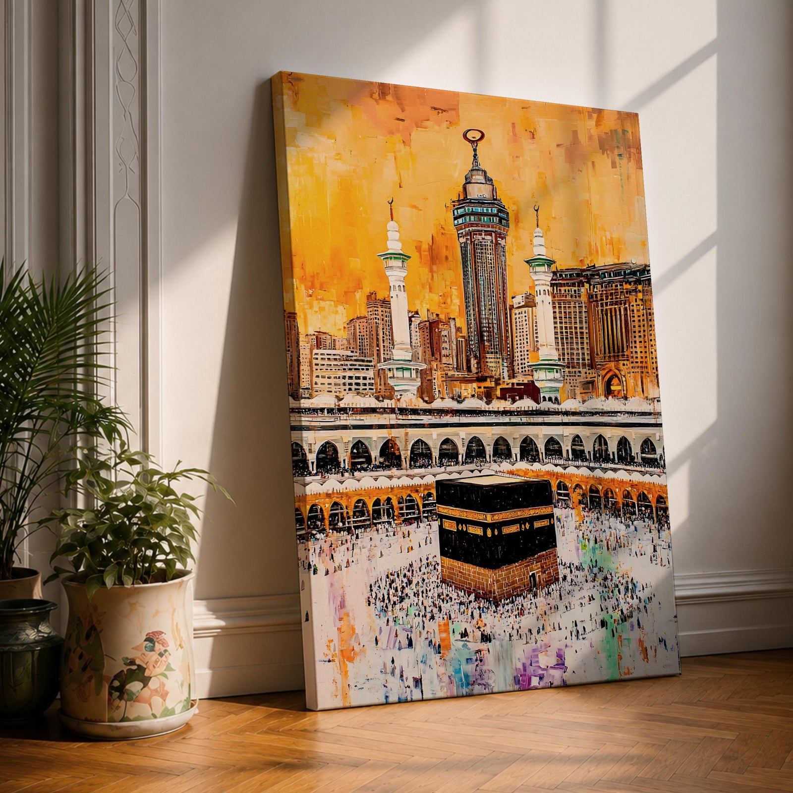 Artwork of the Kaaba in Masjid Al Haram surrounded by thousands of Hajj pilgrims performing tawaf, with tall mosque minarets and the Abraj Al Bait clock tower rising over the Mecca skyline, painted in warm golden tones with expressive modern brush textures capturing the spiritual energy of the sacred pilgrimage.